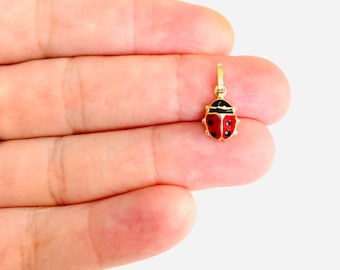 14K Solid Gold 17mm x 8mm Ladybug, Small, Dainty Enamel Ladybug Charm Pendant, 14K Solid Gold Pendant, Minimalist Real Gold Ladybug- PT505