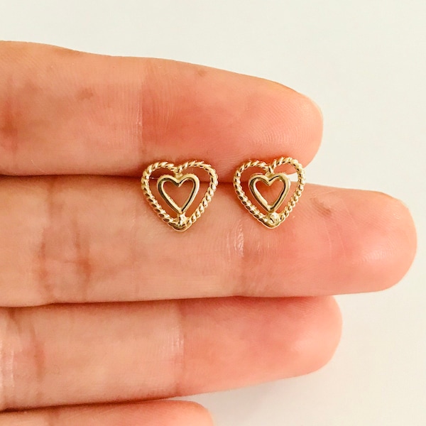 14K Solid Gold 9mm x 9mm Stud Heart Earrings, 14k Gold Heart Stud, Gold Post Earrings, Solid Gold Double Heart Stud, 14k Gold Heart - S1346