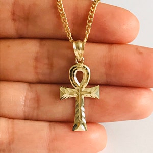 10K Gold 30mm/1.18" Ankh Necklace, Egyptian Cross Pendant, 10k Real Gold Ankh 2mm thick Chain Necklace, 10k Solid Gold Egyptian Cross- GP4-2