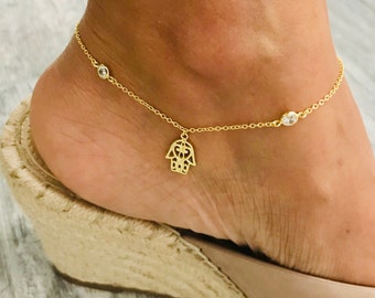 14k Gold Vermeil Hamsa Anklet,925 Sterling Silver Anklet,Hamsa Anklet Bracelet, Fatima Hand, 14K Gold Vermeil, Cz Anklet, 9” + 1” long. EA59