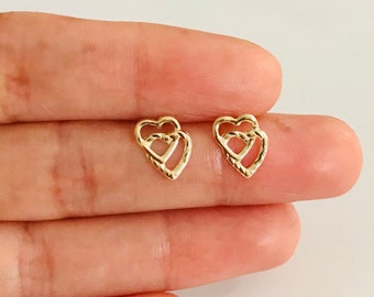 14K Solid Gold 9mm x 6mm Stud Heart Earrings, 14K Gold Heart Earrings, Gold Post Earrings, 14k Gold Heart, Gold Double Heart Stud- YE1649