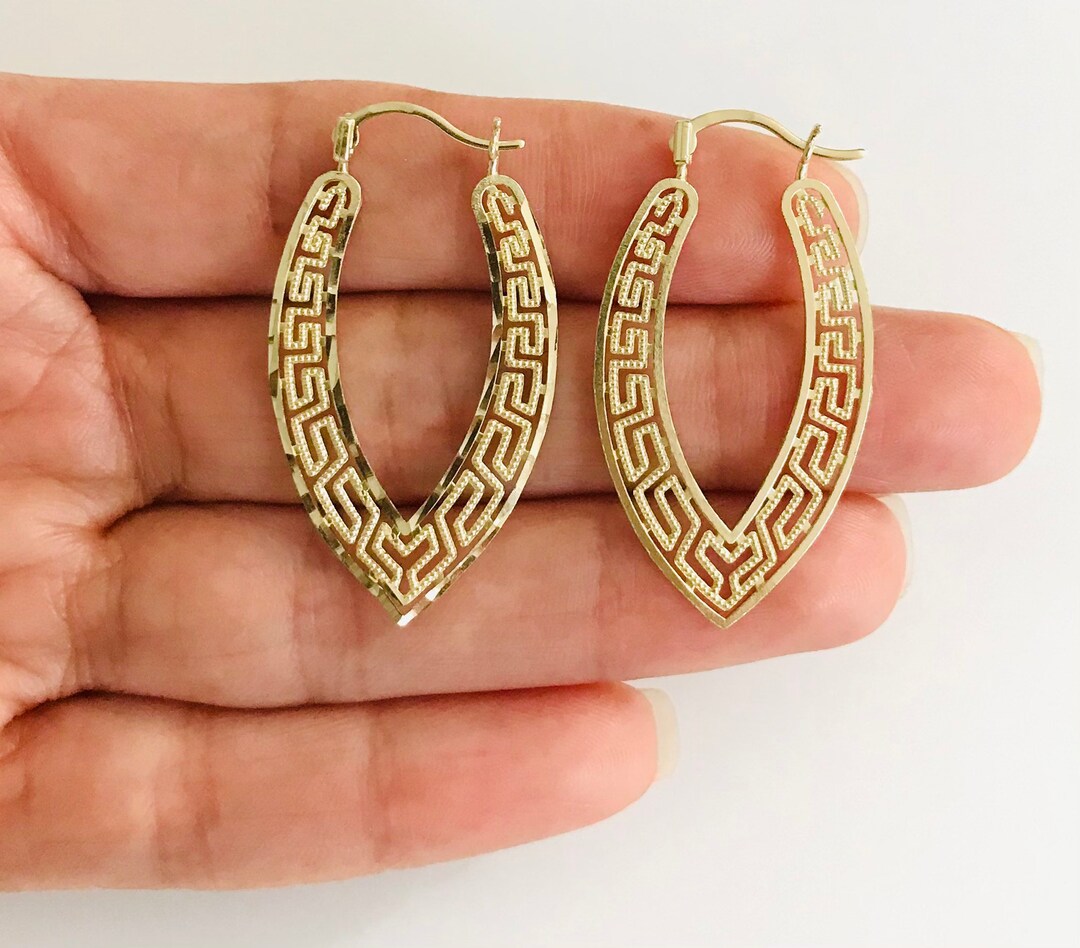 10K Solid Gold Oval Earrings, 37mm X 20mm, 10K Real Gold Oval Greek