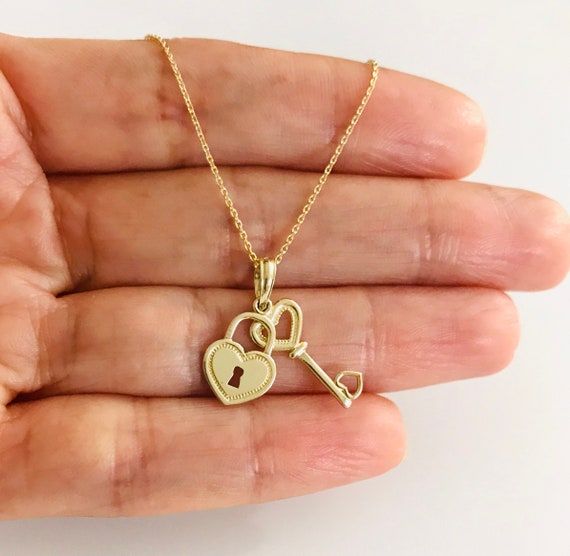 Heart Charm Lock Necklace - 14k Solid Gold