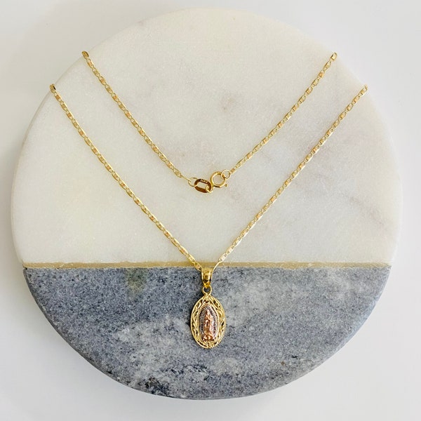 14K Solid Gold 20mm/0.78” Guadalupe Pendant, 14K Solid Gold Virgin of Guadalupe, Dainty Gold Guadalupe Virgin Mary,1.5mm Necklace - PT1129