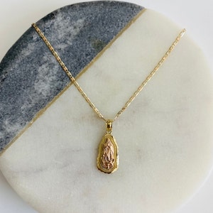 14K Solid Gold Guadalupe 22mm/0.86" Pendant, 1.5mm 3 tone Chain, Diamond Cut Gold Virgin Guadalupe, 14k Gold Virgin Mary Necklace- PT1084