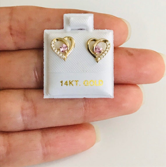 14K Solid Gold 8.4mm Cz Heart Stud Earrings Screw Back 14k Gold