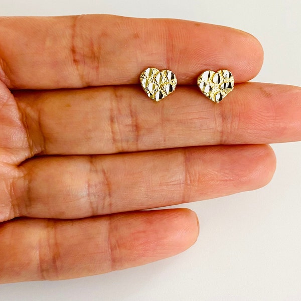 10K Solid Gold 8mm Heart Nugget Stud Earrings, Diamond Cut Stud, 10K Heart Nugget, Real Gold Heart Earrings, Real Gold Post, Gold Stud- AGE8