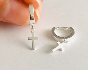 925 Sterling Silver Cross Hoop Earring, Cross Unisex Earring, Cross Hoop, Cross Earrings, Earrings with Cross, Dangle Cross, Silver - ESE60