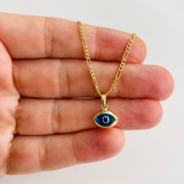 14K Solid Gold 15mm Light Blue Evil Eye Pendant, 14k Real Gold Evil Eye, 2mm Figaro Chain, Charm Necklace, 14K Real Gold Eye Charm -PT452