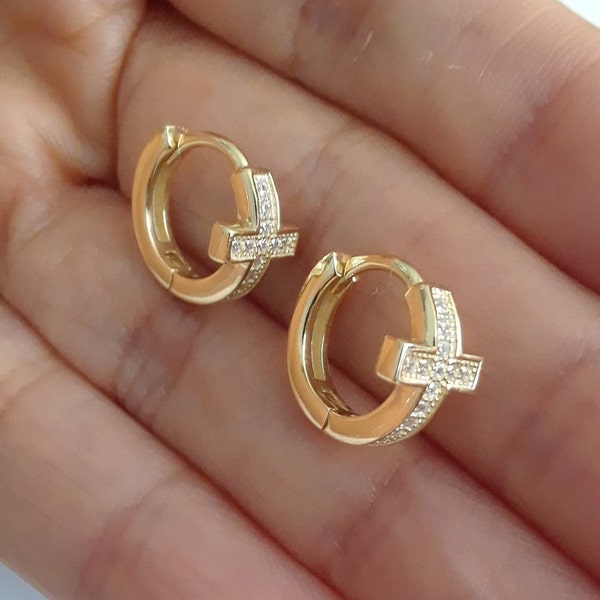 925 Silver Cz Huggie Earrings, 14k Gold Vermeil Cz Cross Hoop Earrings, Sterling Silver Hoop, Cz, Silver Cross Hoop, Silver Earrings- E1511