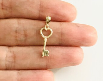 10K Solid Gold 23mm Pendant Heart Key Charm, 10k Solid Gold Chain, Dainty Solid Gold Heart Key Minimalist Necklace, Gold Key Pendant-YC1029