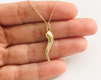 14K REAL Gold 3D Italian Horn 27mm/1.06" Pendant, Italian Horn Charm, Dainty 14k Solid Gold Chain,Italian Horn, Cornicello, Chili - 14kC3040