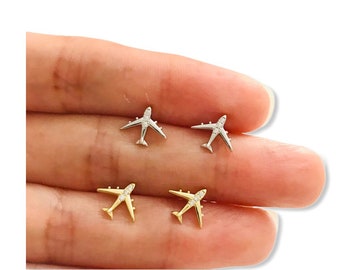 Airplane Stud Earrings, 925 Sterling Silver Earrings, 14k Gold Vermeil Earrings, Cubic Zirconia Studs, Silver Gold Plane Earrings- ESE68