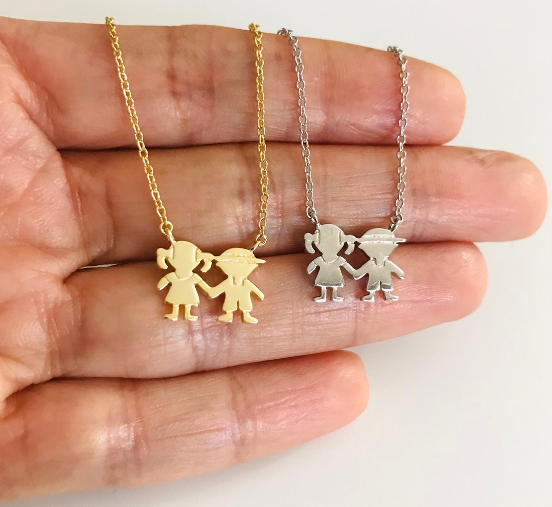 925 Sterling Silver Little Boy and Girl Necklace 14K Gold Etsy