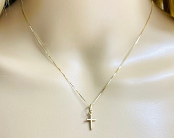 14k Solid Gold Crucifix Necklace, Minimalist, Dainty Gold Cross Necklace, 14k Solid Gold Plain Cross Box Chain 16”- 18”Necklace -T01