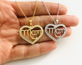 925 Sterling Silver Cz Mom Necklace, 14K Gold Vermeil Mom Necklace, Silver Mom Cz Necklace, Mother Necklace, Heart Mom Cz Necklace.-ESN39