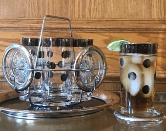 9-Piece Dorothy Thorpe style silver polka dot bar set - includes 4 glasses, 4 silver coasters  and metal carrier