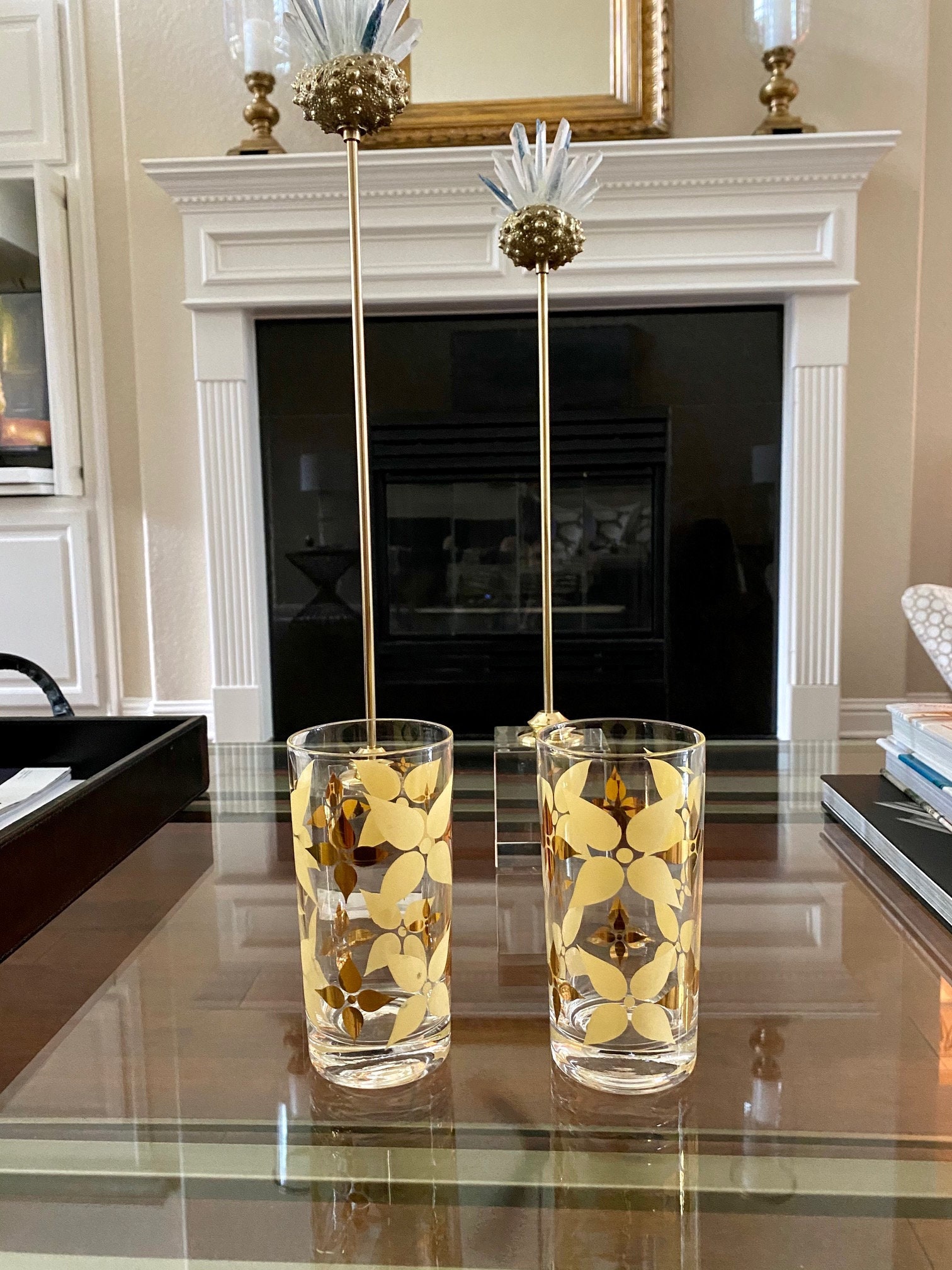 Set of 2 Vintage Highball Glasses With Yellow & Gold Petal Design a  Mid-century Classic 