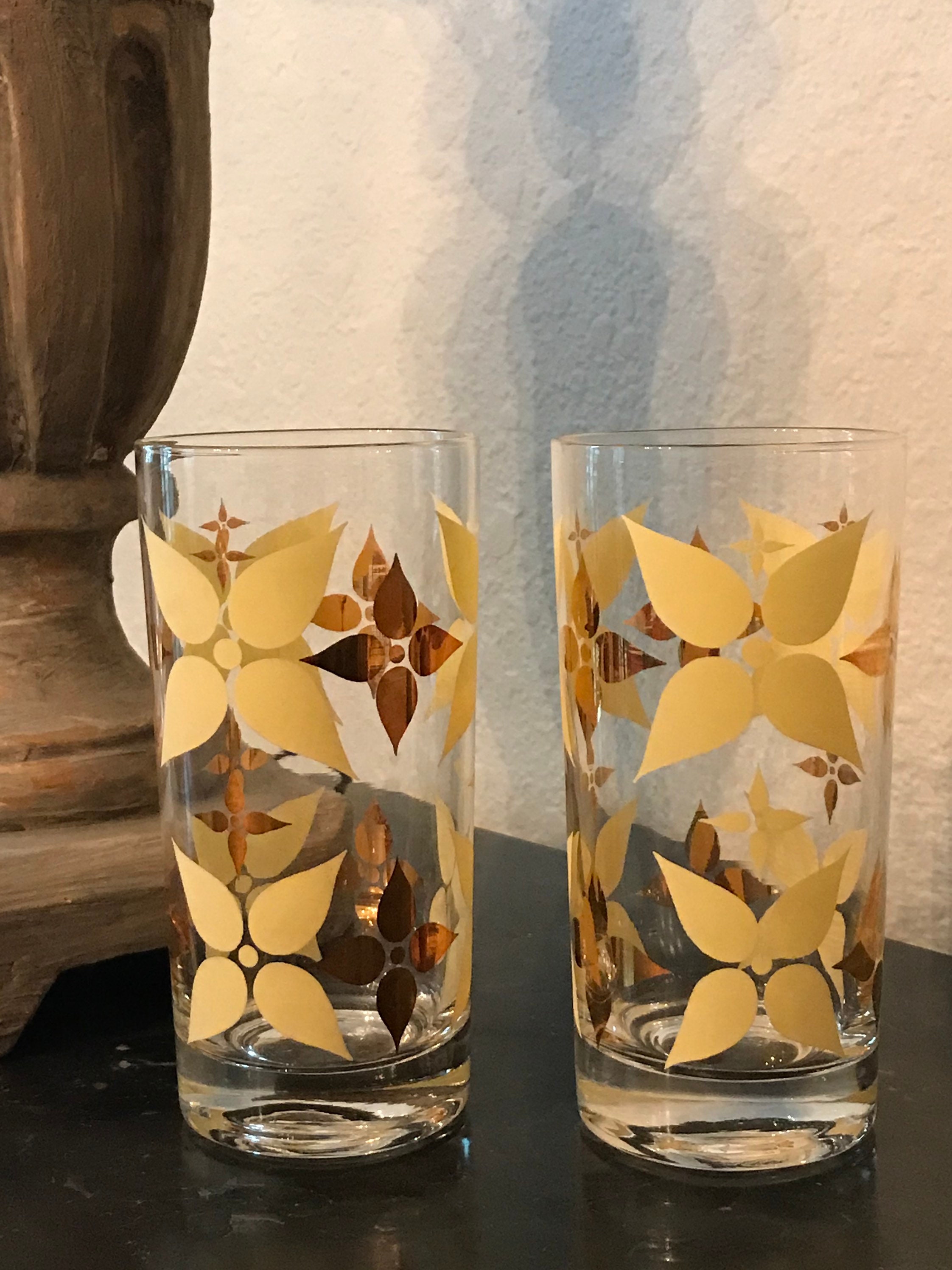 Set of 2 Vintage Highball Glasses With Yellow & Gold Petal Design a  Mid-century Classic 