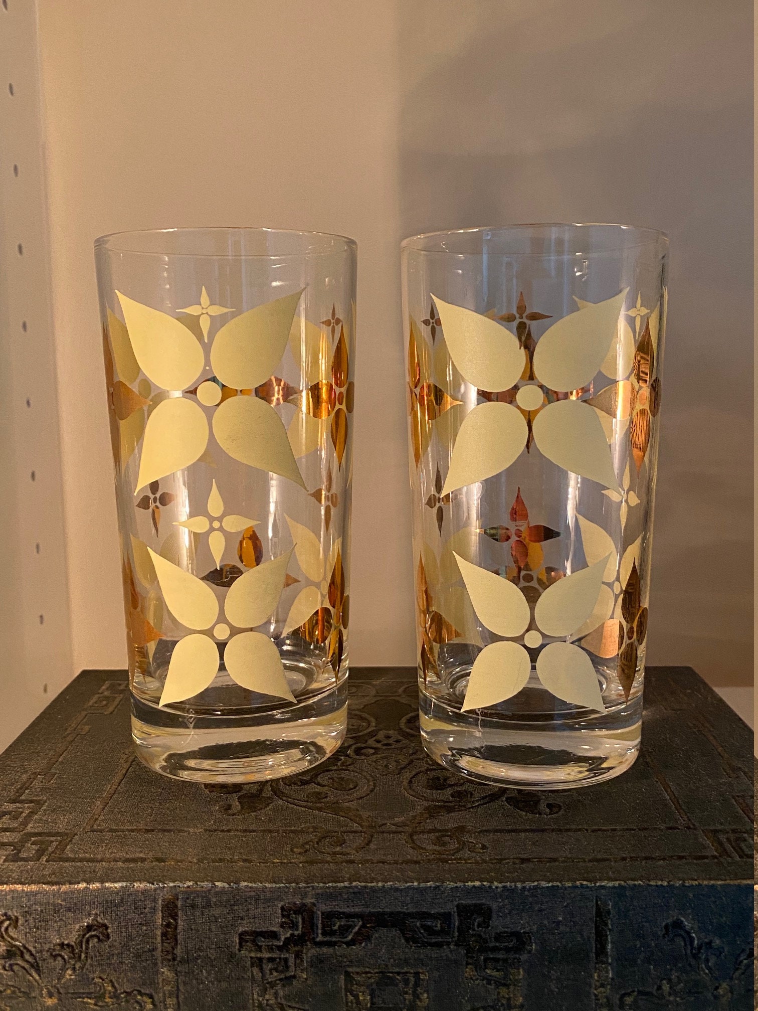 Set of 2 Vintage Highball Glasses With Yellow & Gold Petal Etsy