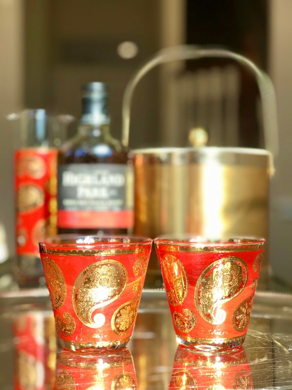 Very Rare Set of Culver Red Paisley Old Fashioned Cocktail Glasses