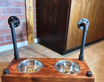 Comedero elevado industrial para perros | Soporte rústico de madera para dos comederos de mascotas de 50 cm | Comedero elevado hecho a mano para perros medianos