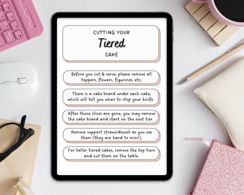cake cutting instructions, cutting a tiered cake, cake care card, driving with cake, cake serving guide, cake artist, how to instructions, handle with care, wedding cake care, printable cake card, digital pdf	canva template, cake box topper