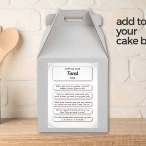 cake cutting instructions, cutting a tiered cake, cake care card, driving with cake, cake serving guide, cake artist, how to instructions, handle with care, wedding cake care, printable cake card, digital pdf	canva template, cake box topper
