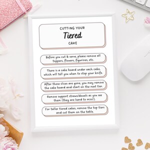 cake cutting instructions, cutting a tiered cake, cake care card, driving with cake, cake serving guide, cake artist, how to instructions, handle with care, wedding cake care, printable cake card, digital pdf	canva template, cake box topper