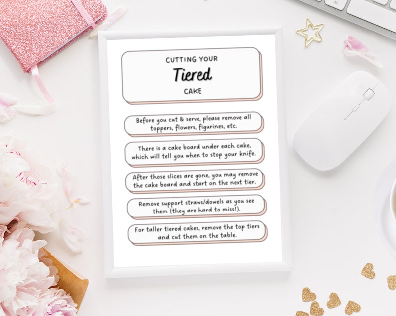 cake cutting instructions, cutting a tiered cake, cake care card, driving with cake, cake serving guide, cake artist, how to instructions, handle with care, wedding cake care, printable cake card, digital pdf	canva template, cake box topper