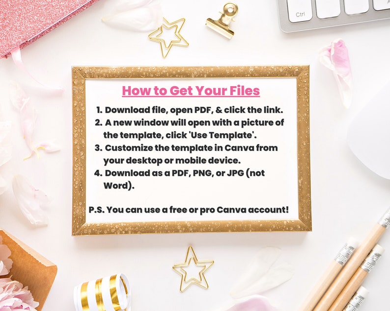 Pode incluir: Uma imagem emoldurada em ouro com fundo branco e texto rosa que diz "Como obter seus arquivos". O texto lista quatro etapas para baixar e personalizar um modelo. O texto tamb&eacute;m inclui uma nota que diz "P.S. Voc&ecirc; pode usar uma conta Canva gratuita ou pro!"