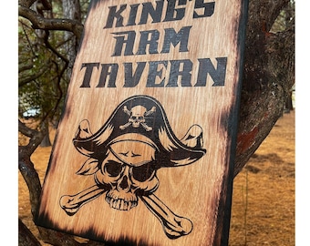 Personalized Pirate Skull Tavern Sign - Rustic Engraved Wood Decor