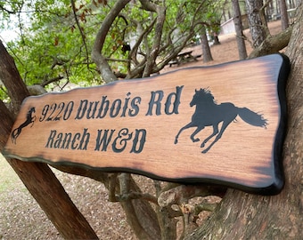 Personalized Horse Ranch Outdoor Sign  - Custom Western Wood Cowboy Decor - Distressed Wood Farmhouse Welcome - Driveway Address - Rus
