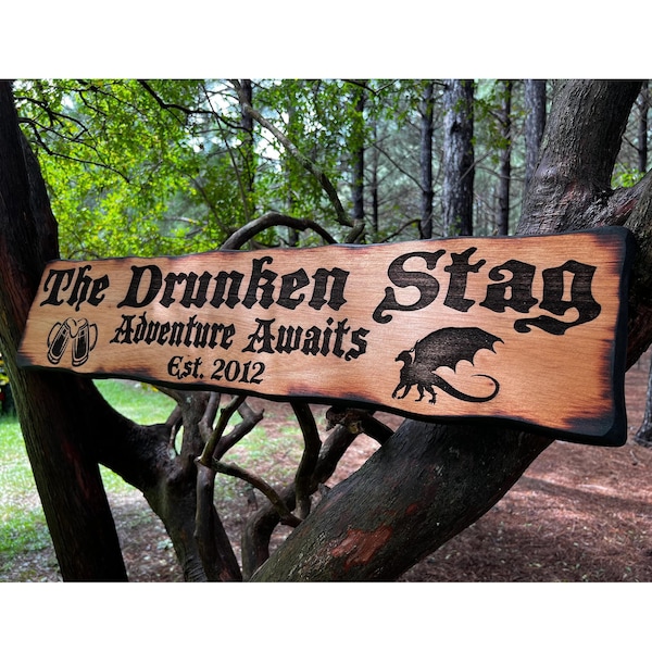 Letrero de taberna de dragón DnD D20 - Mazmorras y dragones - Tirar por iniciativa - Regalo del Dungeon Master - Decoración medieval - Dados D20 - Mazmorra - Cerveza