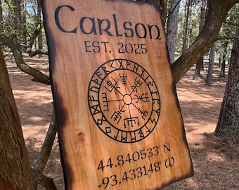 Personalized Rustic Engraved Wood Sign, Wayfinder Wall Art, Celtic Knot, Coordinates, Custom Design, Western Style Decoration, Viking Sign