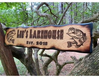 Personalized Wood Outdoor Lake house Sign, Custom Carved Cabin Sign, Driveway Address, Lodge Wall, Engraved Fishing Plaque FREE USA Shipping