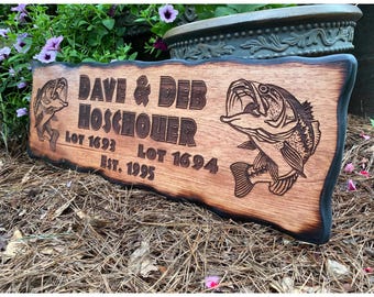 Outdoor Lake House Fishing Sign, Personalized Wood Decor, Custom Driveway Address, Carved Cabin Sign, Lodge Wall, Engraved Fishing Plaque