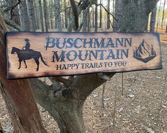 Outdoor Cowboy Mountain Wood Sign  - Personalized Engraved Wood Sign - Distressed Wood Welcome - Horse - Driveway Address - Rustic - Cabin