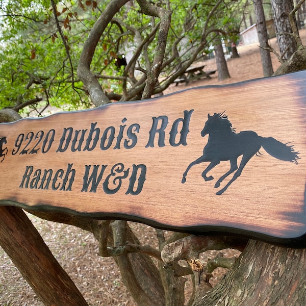 Personalized Horse Ranch Outdoor Sign  - Custom Western Wood Cowboy Decor - Distressed Wood Farmhouse Welcome - Driveway Address - Rus
