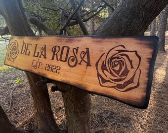 Engraved Rose Decorative Wood Sign - Rose - Family Last Name Sign - Flower Wall Art - Outdoor Address Sign - Custom Wood Sign
