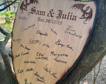 Wooden Dragon Shield Wedding Guestbook - Medieval Wedding - Alternative Wedding Guestbook - Rustic Wedding - Wood Guestbook
