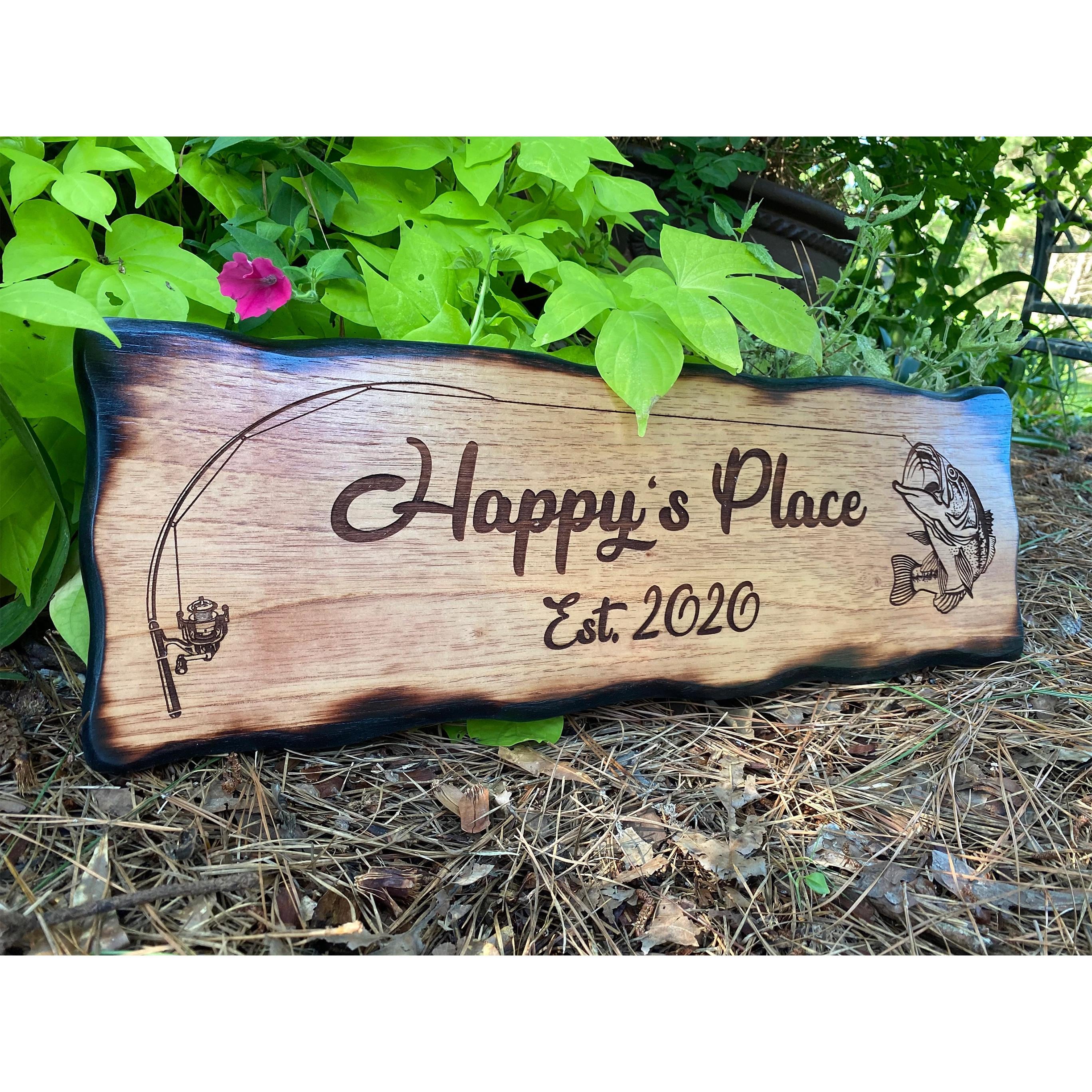 Custom Wood Lake house Sign, Outdoor, Personalized Fishing Cabin Decor, Driveway Address, Lodge Wall, Engraved Fishing Plaque, Rod and Reel