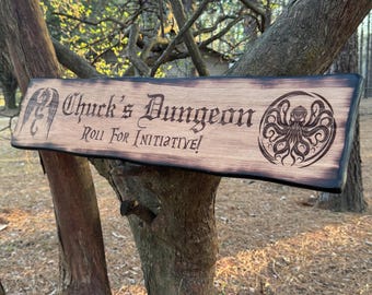 Personalized Rustic DnD Wood Sign - Cthulhu and Dragon - Roll For Initiative - Dungeon Master Gift - Medieval Decor - D20 Dice - Dungeon