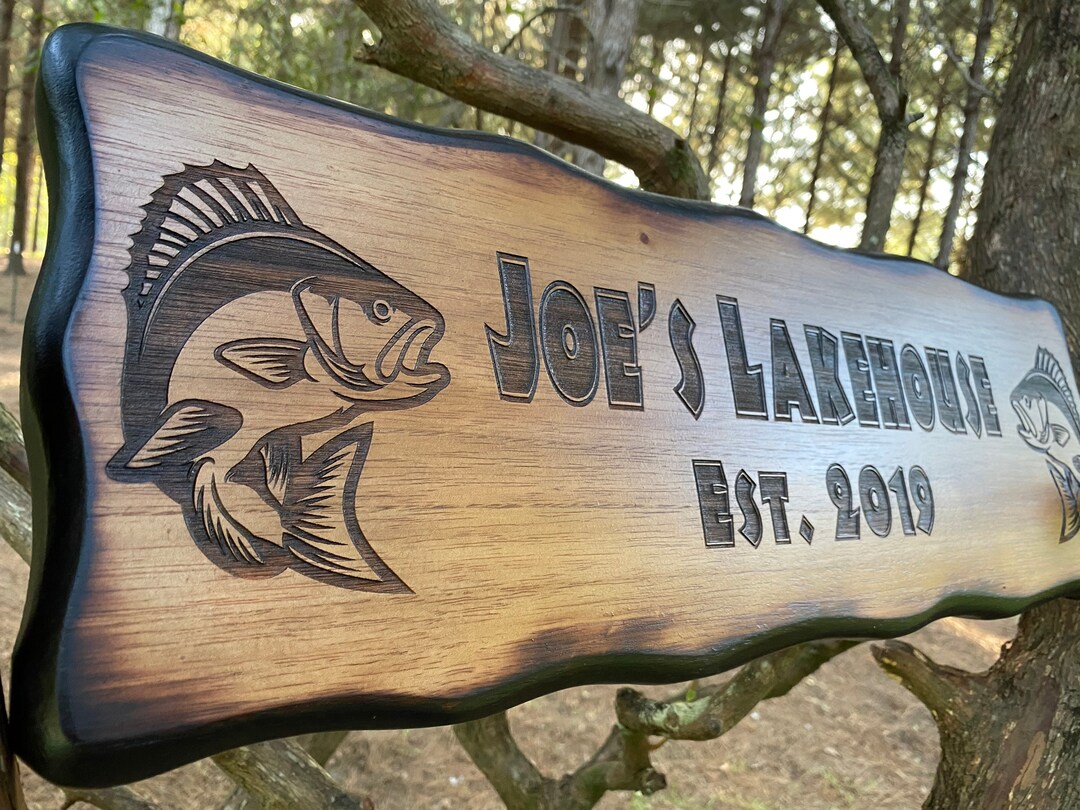 Custom Outdoor Lake House Sign, Personalized Fish Decor, Custom Carved