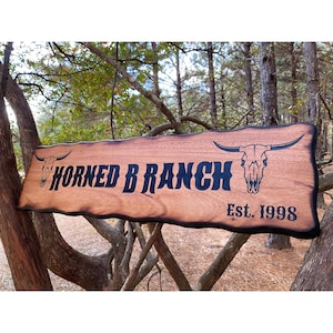 May include: A rustic wooden sign with a burnt edge, featuring a black silhouette of a longhorn skull and the text "Horned B Ranch Est. 1998".