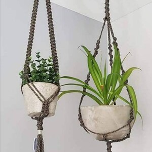 Peut inclure: Deux suspensions macramé avec des pots en béton, chacune contenant de la verdure. Les suspensions sont faites de corde marron foncé et suspendues au plafond. Un pot a une gland. L'image comprend le texte "ARTIS FACTA".