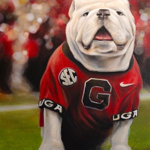 May include: A white bulldog wearing a red and black jersey with the letters "UGA" and "SEC" and the letter "G" on the front. The bulldog is sitting on a green grassy field.