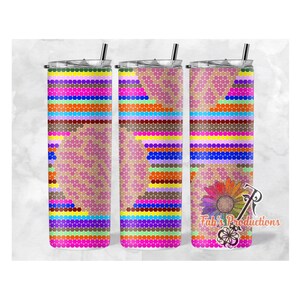 May include: Three stainless steel tumblers featuring colourful geometric patterns. The patterns are made up of small circles in various colours, including pink, orange, yellow, blue, and brown. The tumblers are all the same size and shape.