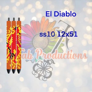 May include: Three pens with beaded designs in yellow, orange, and red, featuring a central red figure. The text "El Diablo" and "ss10 12x51" are displayed. The pens have black tips.