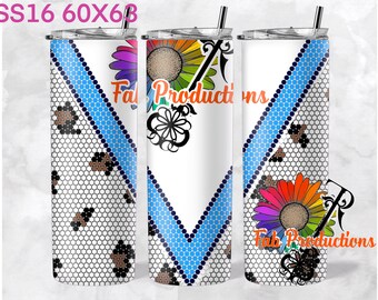 May include: Three stainless steel tumblers with a white background and a blue and white geometric pattern. The tumblers feature a colorful sunflower with a key design and the text "Fab Productions".